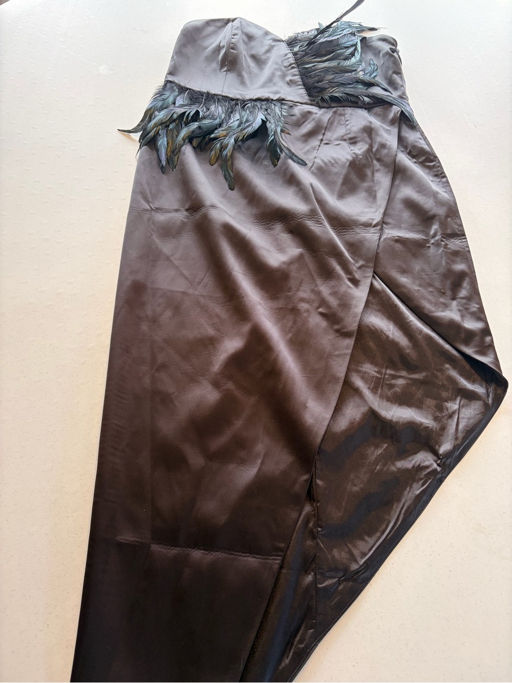 Women's Black Satin Dress Pants with Feather Trim